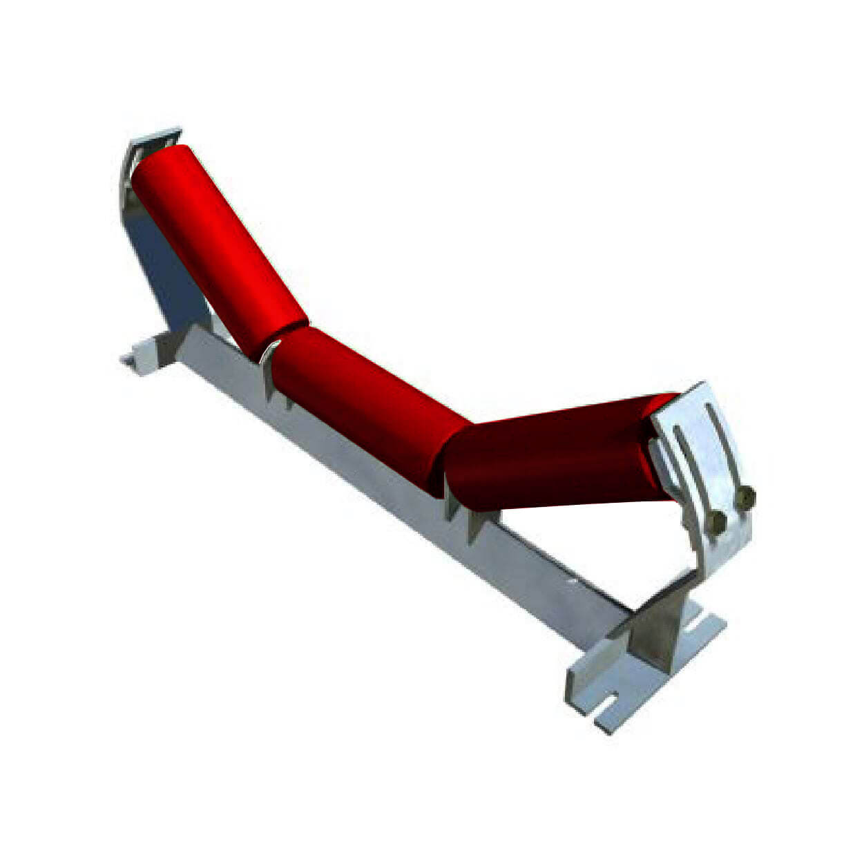 Three red cylindrical rollers, known as troughing idlers, are attached to a metal frame and arranged in a V-shape on a white background.