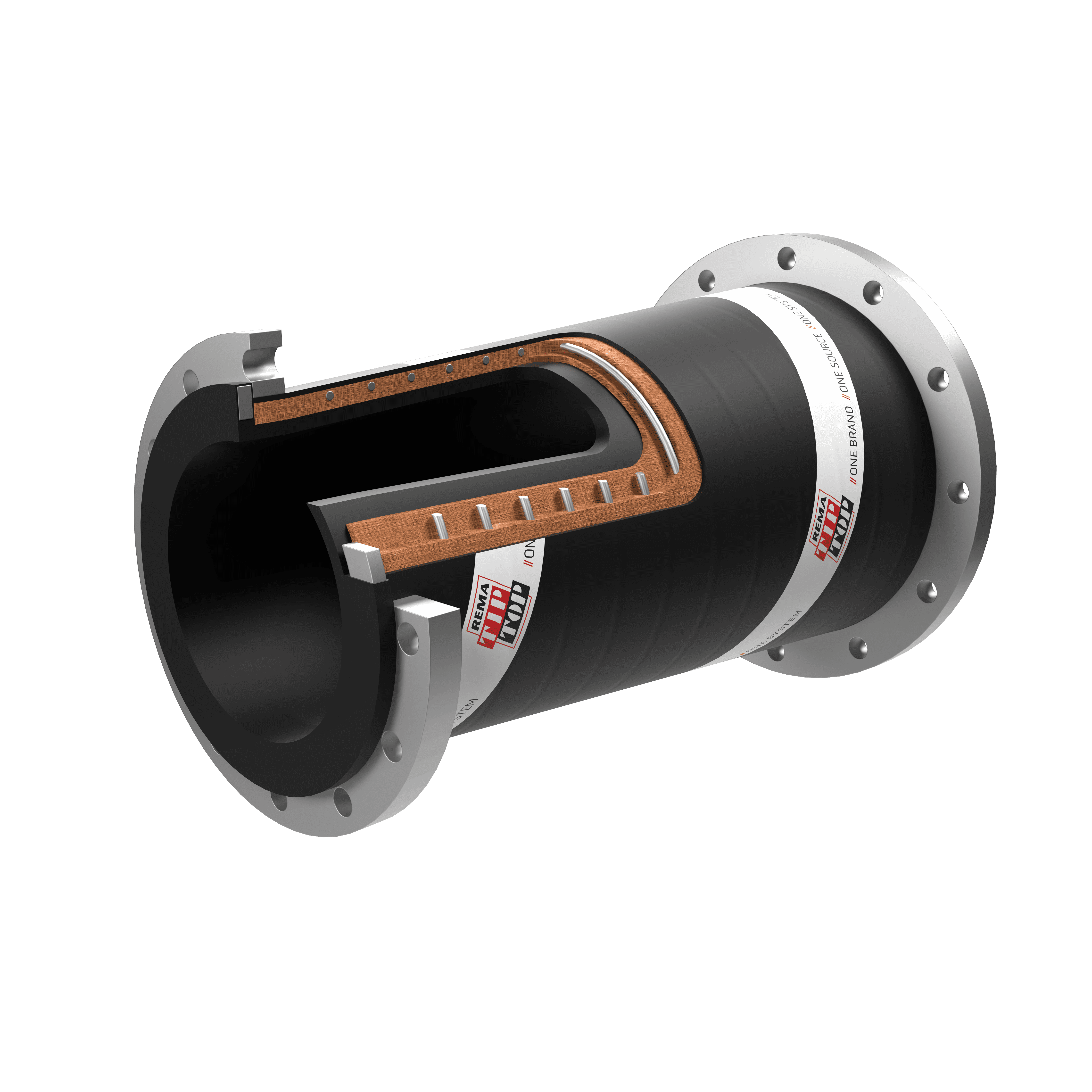 Cross-section of an industrial rubber hose with metal flanges and internal layers, including wooden reinforcements, against a green background. Featuring the REMA